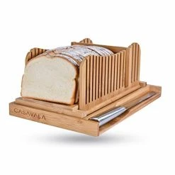 Wholesale ✨ Casavala Bamboo Bread Slicer | Bread Loaf Slicing Machine With Crumbs Tray | Easy To Use Foldable Bread Cutter | Adjustable Slice Sizes | Bread Cutting Guide With Sharp Bread Knife & Storage Bag 🔔
