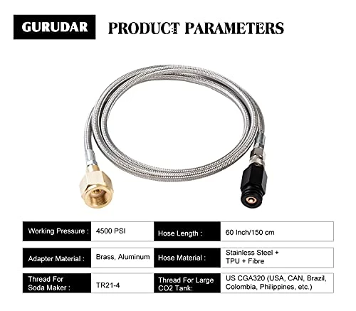 Budget π GURUDAR CO2 Tank CO2 Cylinder Direct Adapter With 60in Stainless Steel Hose, CGA320 To TR21-4 Carbonated Water Soda Maker Connector For SodaStream Fizzi One Touch Jet Aqua Fizz π 4 Budget π GURUDAR CO2 Tank CO2 Cylinder Direct Adapter With 60in Stainless Steel Hose, CGA320 To TR21-4 Carbonated Water Soda Maker Connector For SodaStream Fizzi One Touch Jet Aqua Fizz π - Image 2