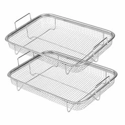 Promo 🤩 Air Fryer Basket For Oven, Stainless Steel Grill Basket, Non-stick Mesh Basket Set, Air Fryer Tray Wire Rack Roasting Basket, 2 Piece Set Silver 💯